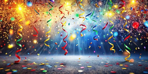 A Festive Celebration Scene with Colorful Streamers and Confetti Falling onto a Dark Stage