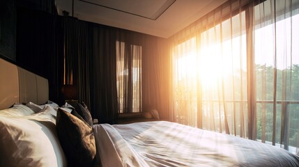 Hotel bed with crisp white linens and decorative pillow in soft morning light through sheer curtains.