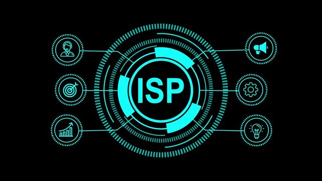 Futuristic hud element displaying the isp abbreviation in the center, surrounded by icons representing user, target, graph, megaphone, gear, and light bulb, all in a vibrant blue color scheme on a bla