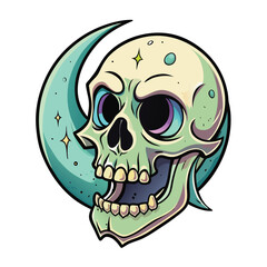 Fototapeta premium Cartoon Skull With Crescent Moon And Stars On White Background sparkle