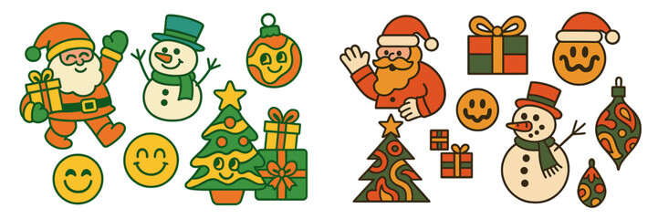 Retro groovy Christmas character sticker set with cartoon Santa Claus, snowman, and smiley face icons for holiday decoration