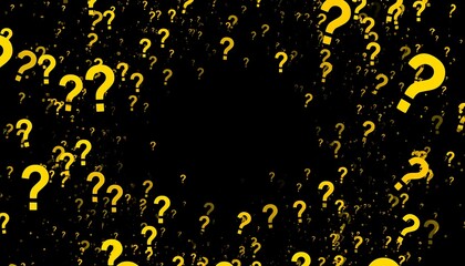 A swirling, chaotic design of numerous yellow question marks on a black background