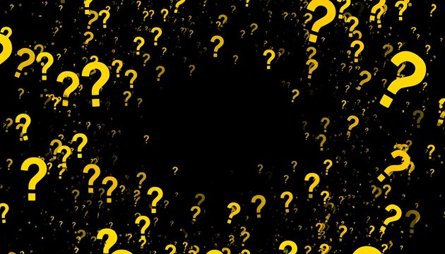 A swirling, chaotic design of numerous yellow question marks on a black background