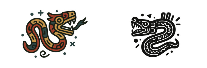 Set of Aztec serpent icons in traditional Mesoamerican style with color and monochrome versions isolated on white
