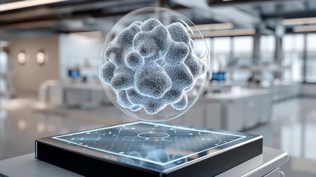 Synthetic Biology concept, Futuristic laboratory hologram of cell cluster above scanner and digital platform, biotech research