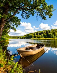 Peaceful lake scene with boat
