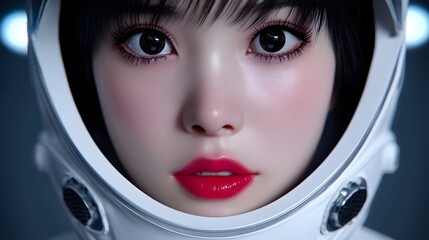 A striking and imaginative portrait of a futuristic woman astronaut, exploring the cosmos and pushing the boundaries of space technology and human ambition.
