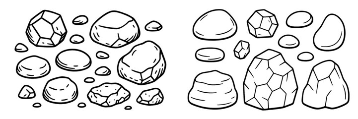 Hand drawn collection of rocks and stones in a simple doodle sketch style, black and white line art set of various pebbles and boulders