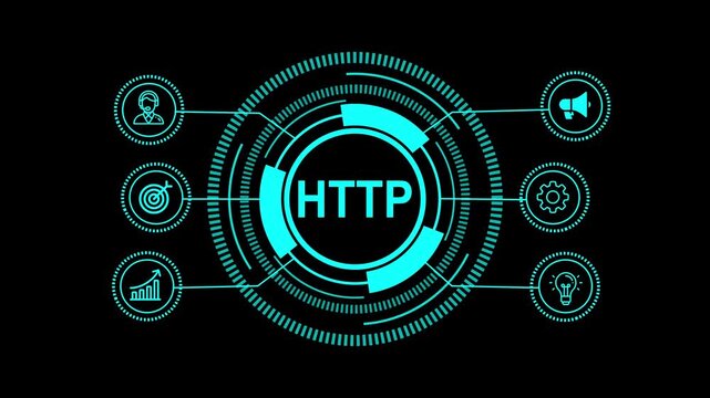 Futuristic hud element with http abbreviation in the center, surrounded by icons representing user, target, graph, megaphone, gear, and light bulb, all in a vibrant blue color scheme on a black backgr