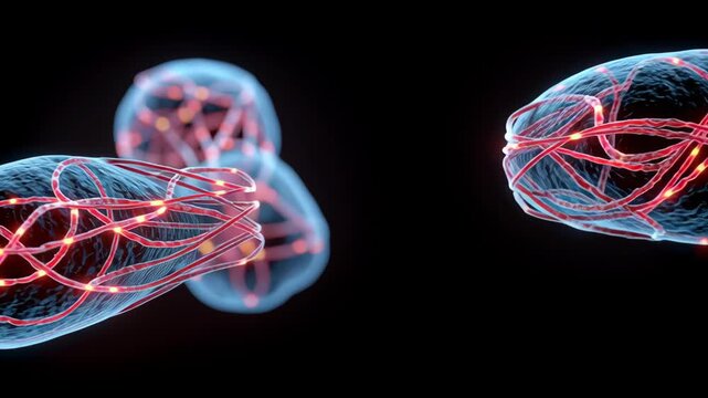 Synthetic Biology concept, Neural neuron cell division glowing axon and filament network synapse division conveying dynamic