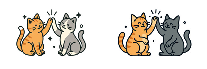 Two cute cartoon cats giving a high five as a symbol of friendship and teamwork, happy adorable kittens celebrating success together