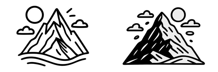Minimalist mountain peak logo set with sun and clouds in a simple black and white line art style for outdoor adventure branding