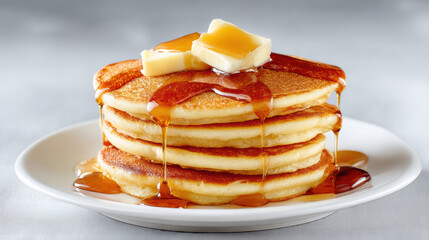Golden pancake stack maple syrup butter breakfast comfort food on white plate, fluffy texture, sweet syrup drips, morning meal, delicious and inviting, homemade style