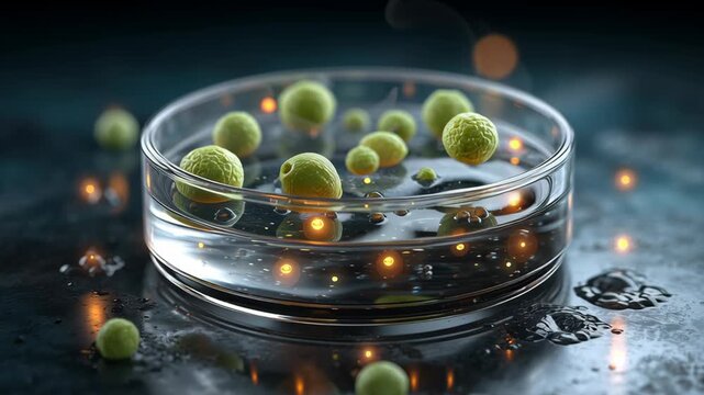 Synthetic Biology concept, Green sphere bacteria colony petri dish agar with glowing nutrient droplets, bioluminescent colony
