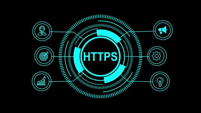 Futuristic https concept with glowing blue hud elements, showcasing secure hypertext transfer protocol technology, data management, and network communication in a modern digital environment for secure