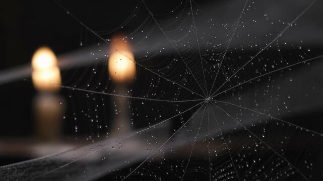 A detailed spider web shimmering with mist and faint candlelight, cinematic seamless loop, perfect for spooky Halloween overlays, Ai Generate.