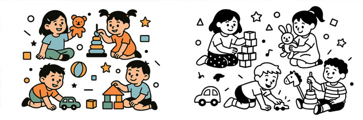 Collection of cute cartoon children playing with toys like blocks, cars, and teddy bears in color and black and white line art versions