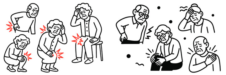 Collection of senior citizens experiencing various health problems and body aches like headache, back pain, knee joint ache, and shoulder discomfort