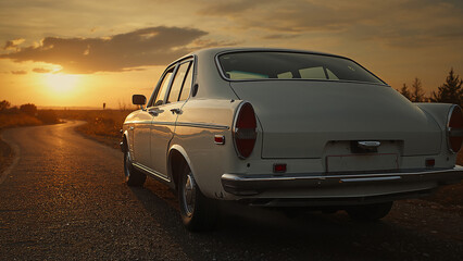 Old Car at Dusk by the Roadside with Setting Sun