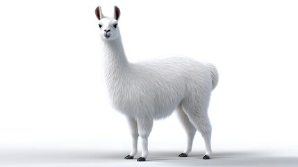 Fototapeta premium A fluffy, white llama or alpaca standing peacefully in a plain studio setting, its soft fur and distinctive facial features prominently displayed.