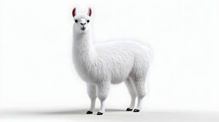 Fototapeta premium A beautiful, fluffy white llama standing calmly in a serene, natural environment, with its large eyes and pointed ears adding to its gentle, friendly presence.
