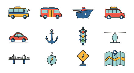 transportation icons featuring vehicles ships traffic signs maps