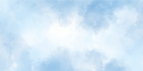 Beautiful day with fluffy white clouds in a bright blue sky. Creative soft light sky blue watercolor background. Beautiful painted and scratched bright blue paper texture