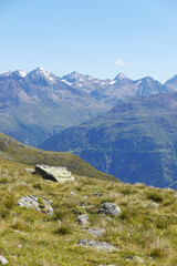 The view opening from the high hiking way from Tiefenbach glacier to Vent in Oetztal valley in the Austrian Alps 