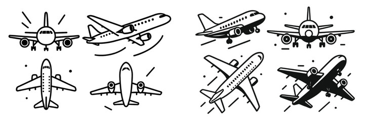 Set of black and white airplane icons for travel and transportation design showing various flight angles and positions