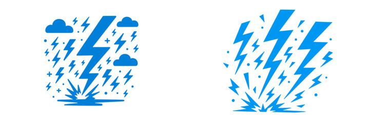 Blue lightning bolt and thunderstorm icons showing an electric energy strike with storm clouds and falling rain