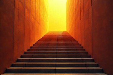 Dramatic perspective shot of a long, winding staircase leading upwards, bathed in warm, golden light Perfect for architectural, design, and abstract backgrounds , up, concrete, depth