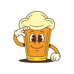 Cheerful cartoon beer glass mascot with foamy head smiling directly and making a salute gesture. Joyful and friendly character for festive themes. Isolated vector illustration
