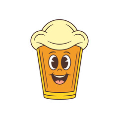 Joyful yellow beer glass character with foamy head smiling brightly while looking straight ahead. Playful design for bar, pub, and festival concepts. Isolated on white background. Vector illustration