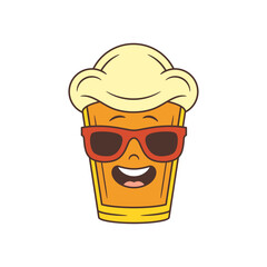 Cheerful yellow beer glass character with large foam top and red sunglasses smiling brightly. Fun design for bar, party, or summer themes. Isolated on white background. Vector illustration