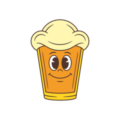 Cheerful yellow beer glass mascot with foamy head smiling directly at viewer. Friendly cartoon character with positive facial expression. Perfect for bar or festival themes. Vector illustration