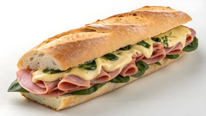 Hearty Classic Beef And Cheese Breakfast Baguette Stuffed With Savory Ham And Fresh Spinach, Golden Crispy Artisan Bread Perfect For Morning Fuel, Brunch Comfort, Or Cafe Style Treat