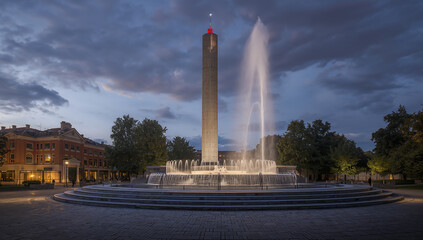 Illuminated Fountain in Urban Park at Dusk