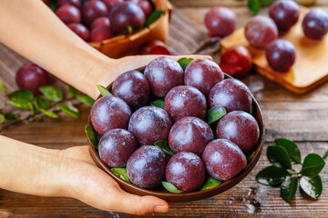 Fresh Red Plums in Wooden Bowl on Rustic Table - Healthy Organic Stone Fruit Harvest