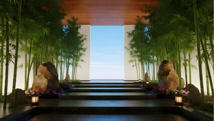 Zen Garden with Bamboo and Stone Statues, Illuminated by Soft Lighting