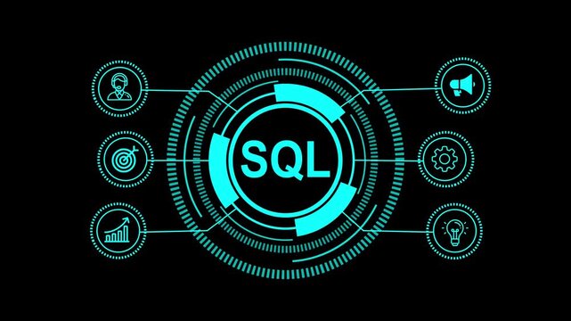 Futuristic sql database concept with glowing blue interface elements, showcasing user, target, growth, speaker, settings, and idea icons on a black background for modern technology applications