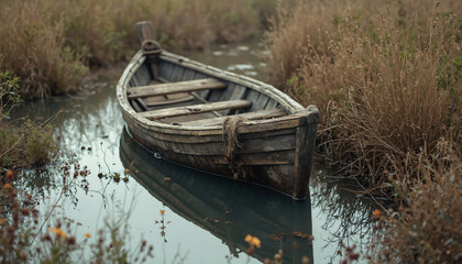 Wooden Boat in Reedy Waterway