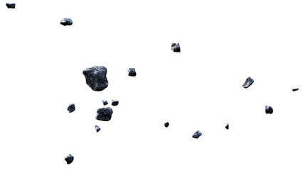 Several dark gray rocks are falling against a transparent background