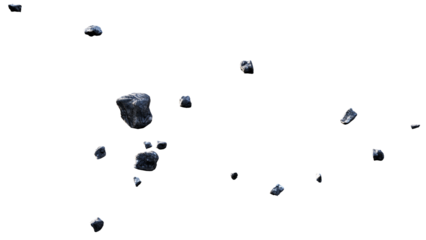 Several dark gray rocks are falling against a transparent background