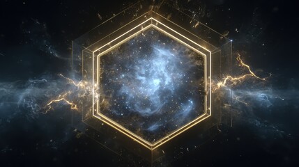 Obraz premium Quantum computer core with hexagonal portal containing starry nebula, sleek gold frame, energy crackles, futuristic technology, cosmic scifi concept
