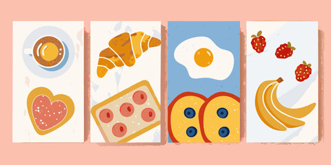 A delightful collection of four flat lay illustrations depicting various breakfast foods in a charming minimalist style