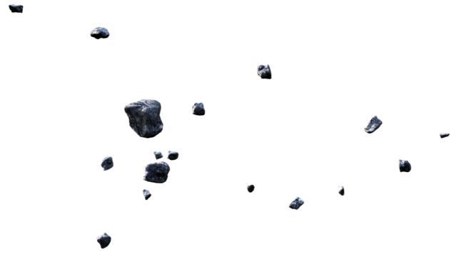 Several dark gray rocks are falling against a transparent background