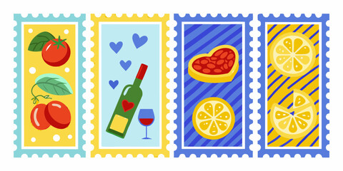 Collection of four colorful postage stamp illustrations featuring food and drink items