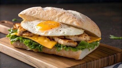 Hearty Classic Chicken And Cheese Breakfast Ciabatta Layered With Fluffy Egg And Melted Cheddar, Rustic Golden Bread Perfect For Morning Energy, Brunch Plate, Or Cafe Favorite