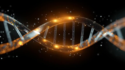 Synthetic Biology concept, digital dna helix glowing orange and silver strand with particles and network connection futuristic - Powered by Adobe