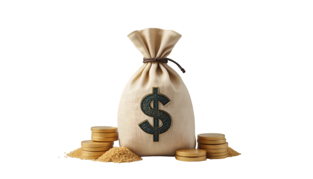 Bag of money with gold coins and small grains for wealth and finance concept